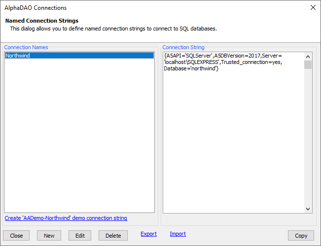 The Northwind AlphaDAO connection string for SQL Server.
